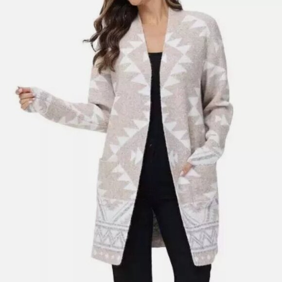 Frye Womens L Beige & White Aztec PrintCardigan Open Front Stretched - Picture 1 of 8